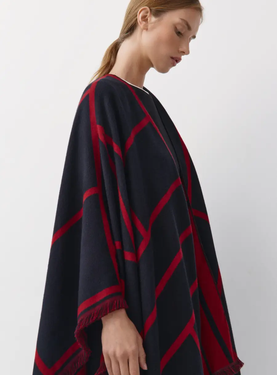 Пончо с бахромой, двустороннее, красно-черное, Poncho